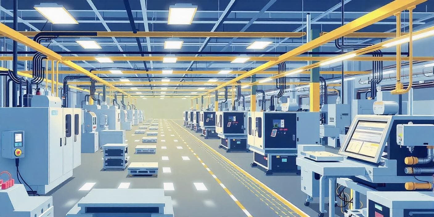 Illustration of a factory floor with bi solutions