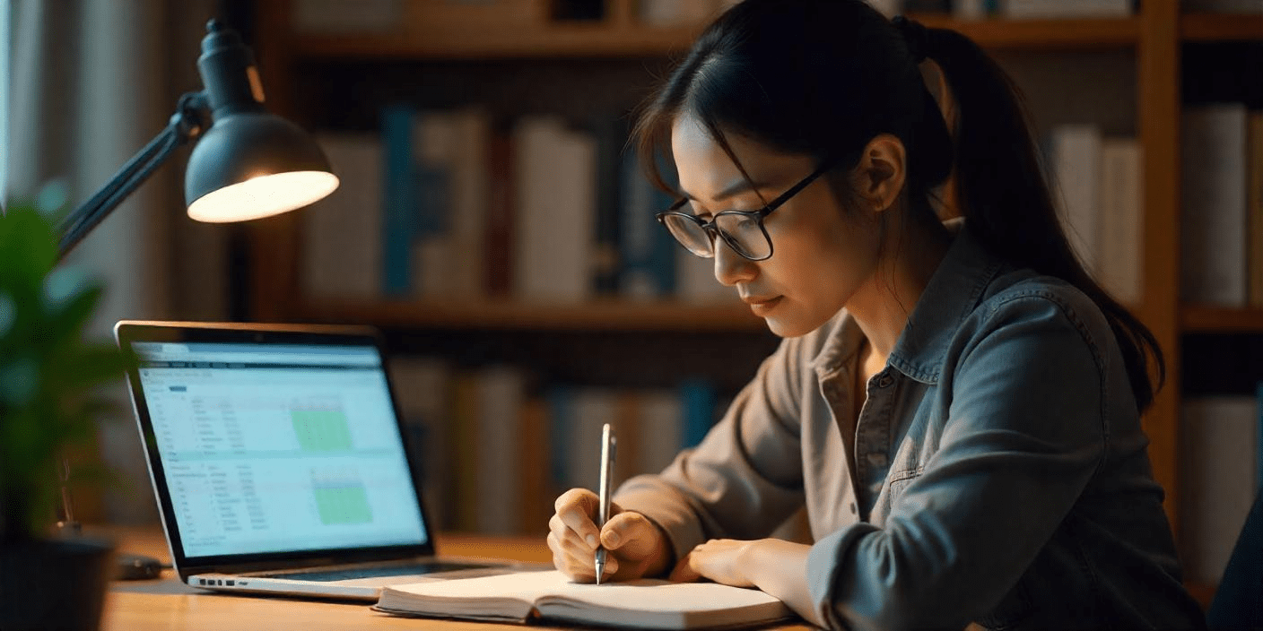 A person studying with a textbook and laptop in the background 