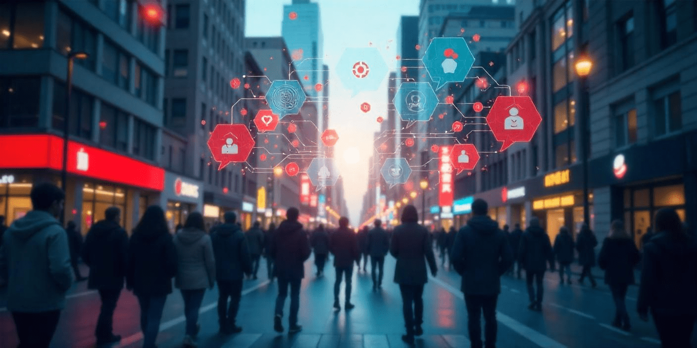 A city with marketing messages above the people