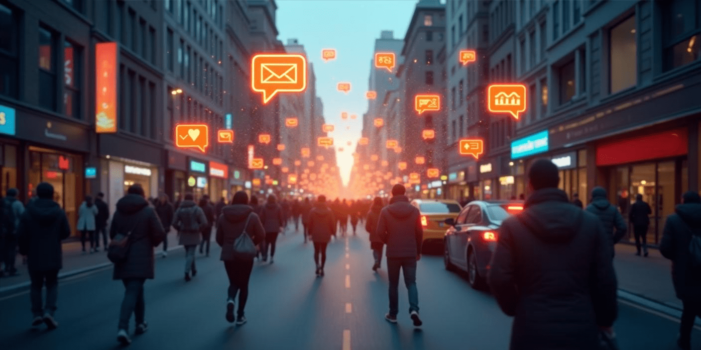 A busy street with marketing icons swirling around