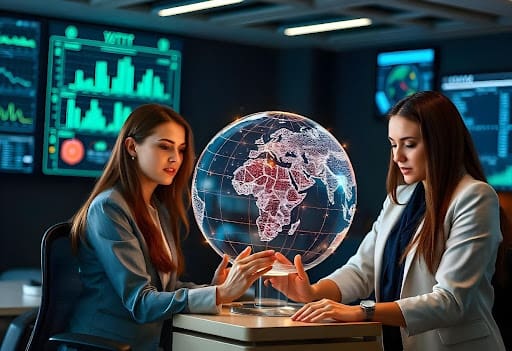 Professionals working around a holographic globe displaying data connectivity in a high-tech control room