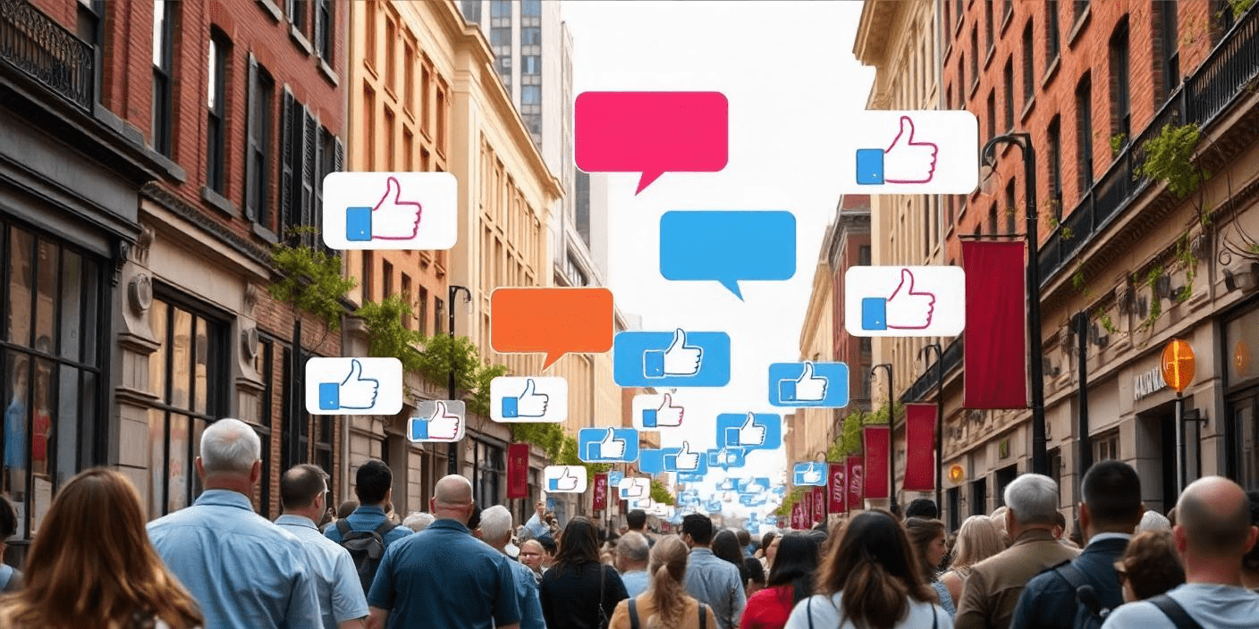 A busy street with customer feedback above the people