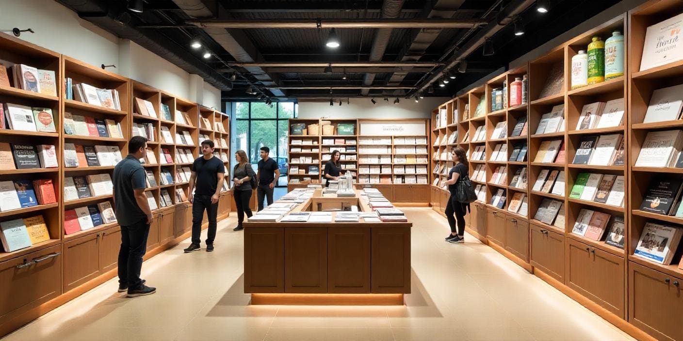 Modern bookstore with customers shopping