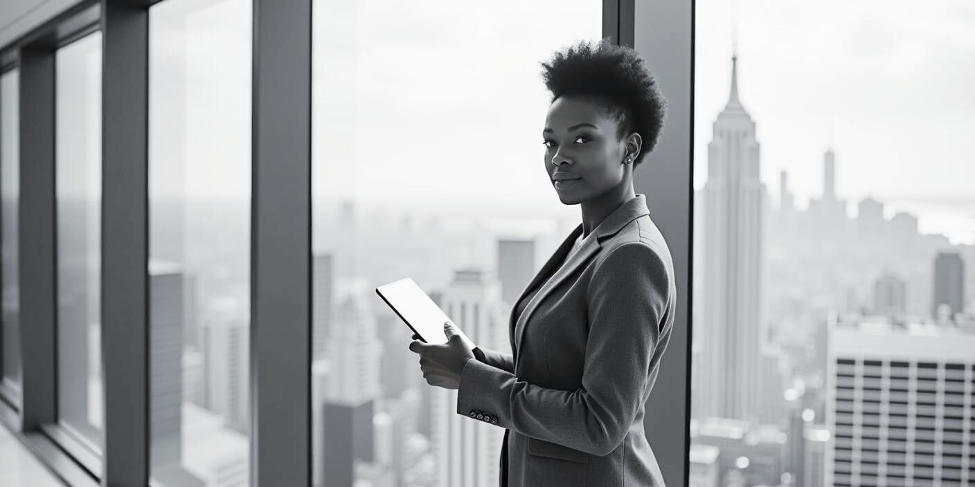 A CFO standing next to a cityscape with a tablet