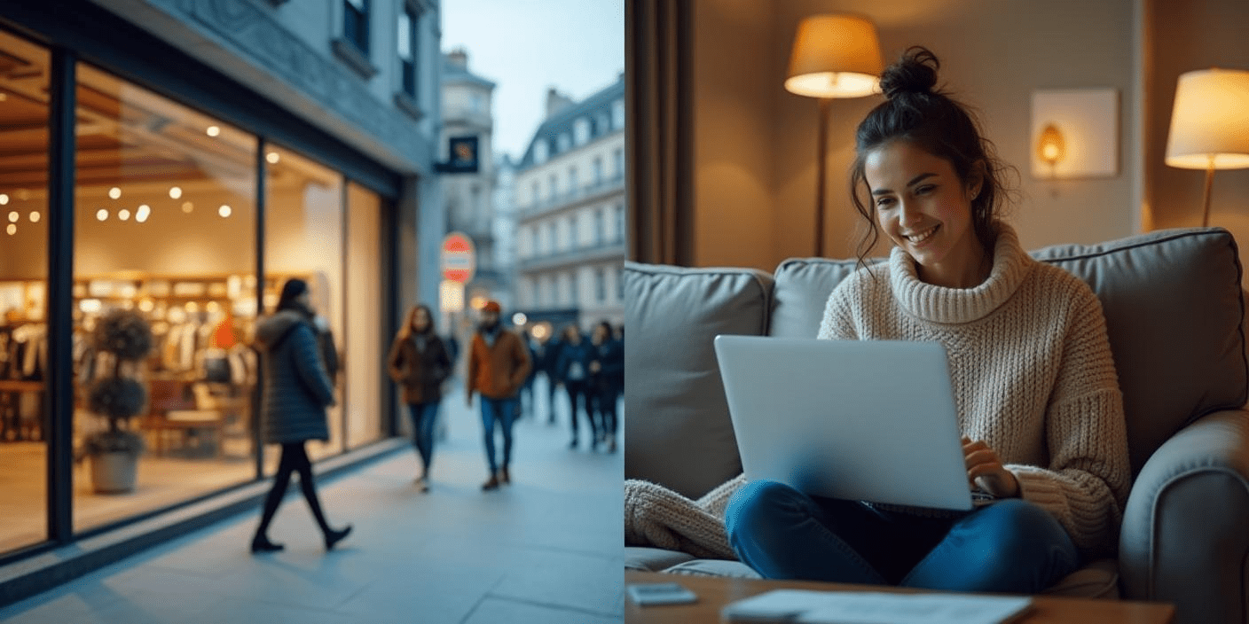 Split screen image of retail store and customer shopping on laptop