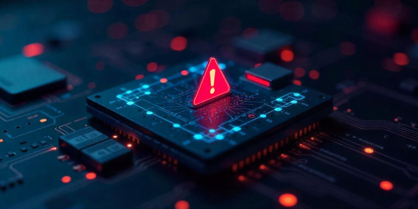 Warning sign next to a computer chip