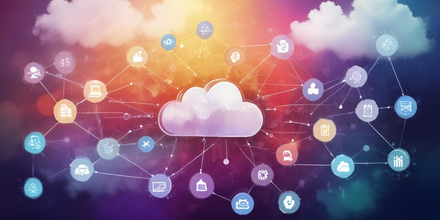 Business system icons all connected with a colorful background