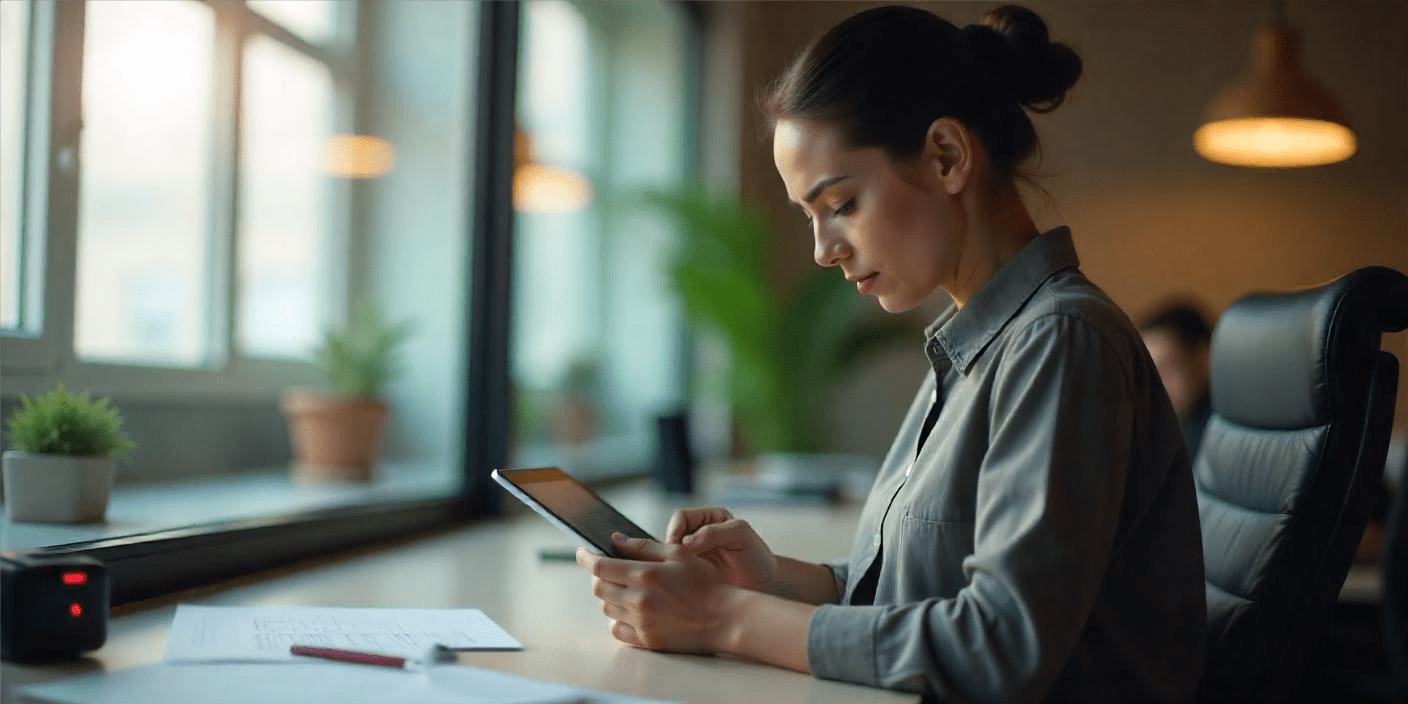 A person studying material on a tablet