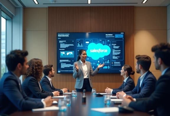 Businesswoman presents Salesforce Data Cloud to attentive executives in a boardroom setting.