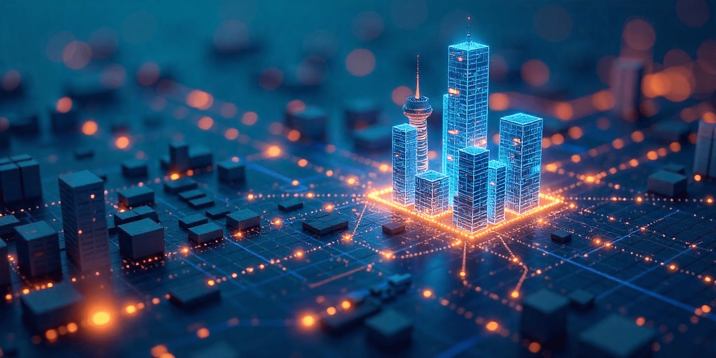 A cityscape with business analytics flowing around it 