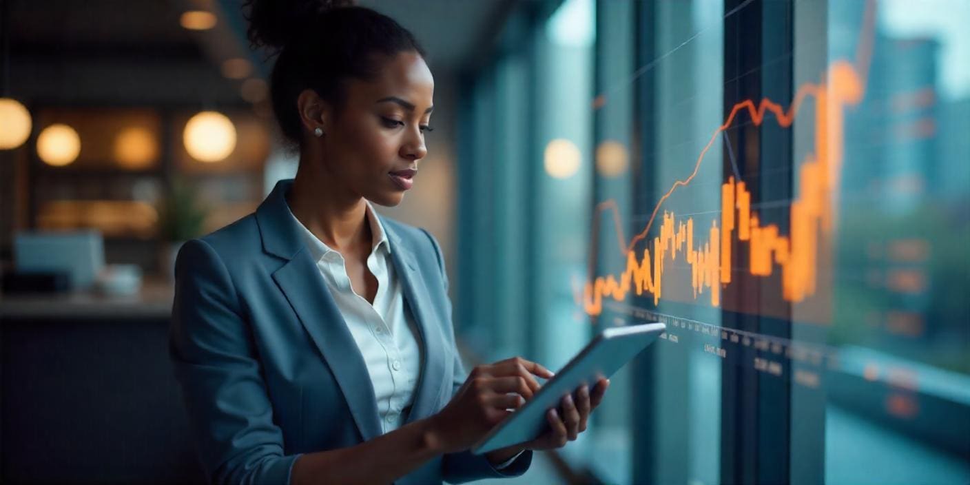 Businesswoman looking at a tablet with a upward line in the background