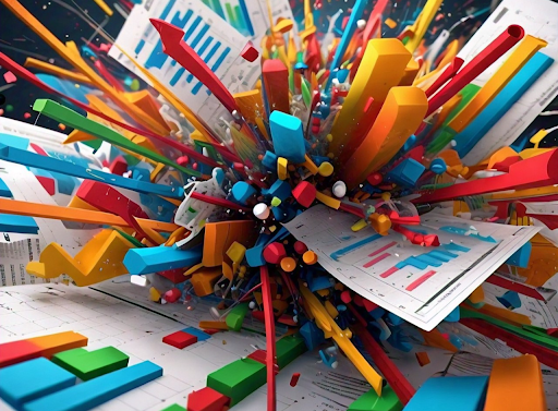 An illustration of data choas with reports and charts exploding