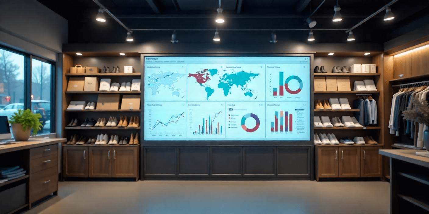 Business Intelligence dashboard displayed on a wall in a retail space