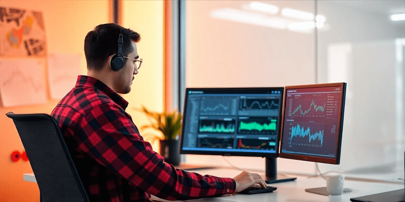 A security analyst looking at two monitors