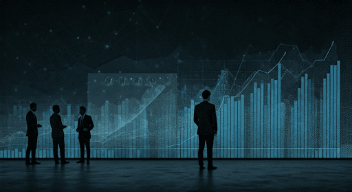 Professionals in an office with sales data swirling around 