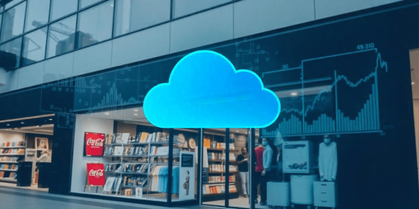 A cloud logo with a retail shop in the background representing cloud-based retail solutions