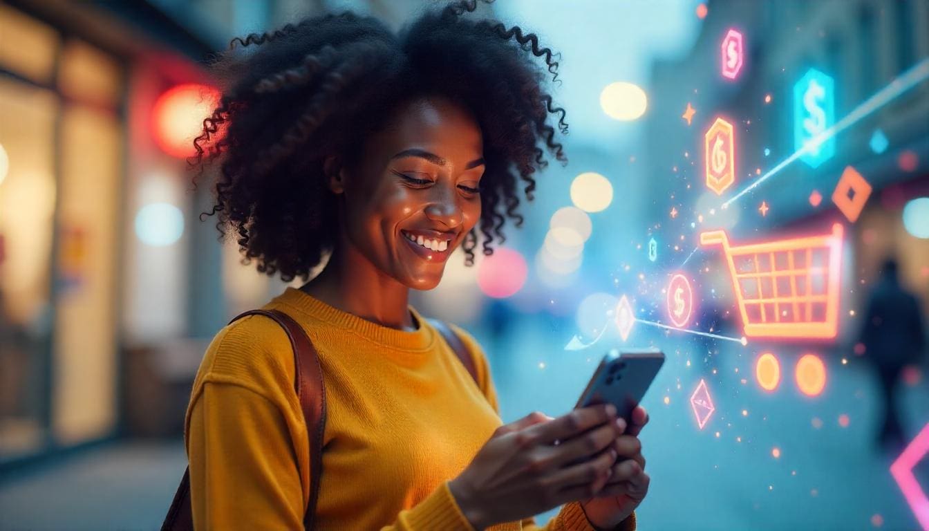 Customer looking at her phone with data swirling around