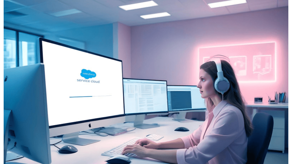 Customer support representative in front of a computer