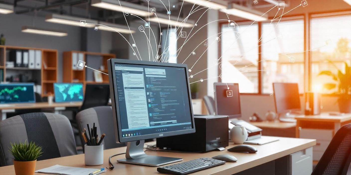 A computer in an office with data points flowing into it