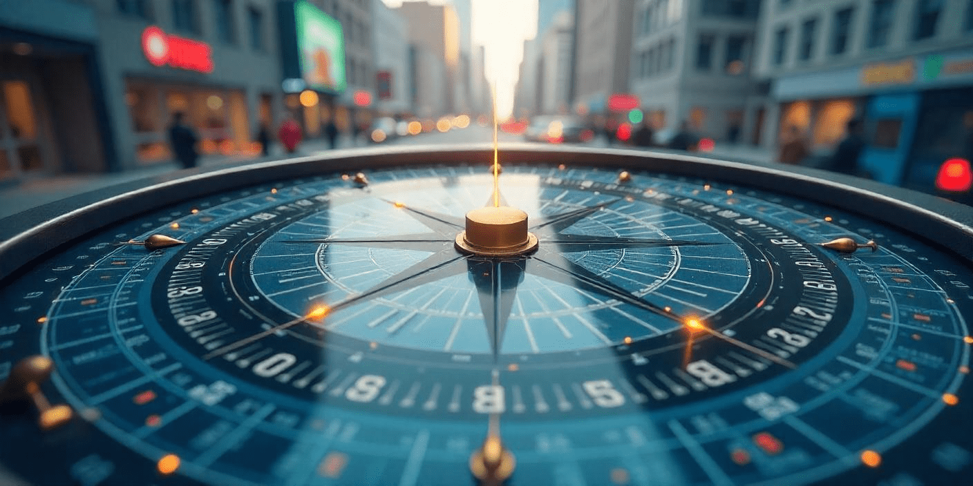 A compass with a background of a busy city