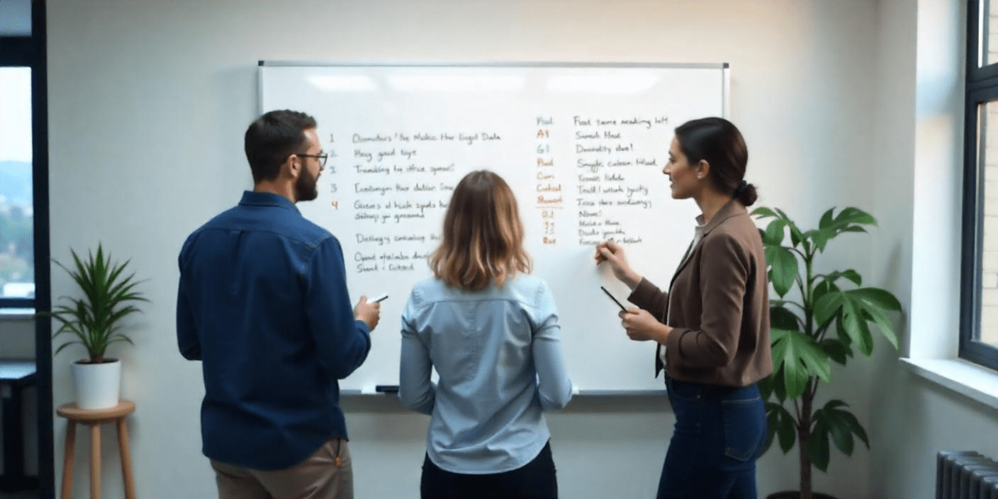 Three people working on a data security policy