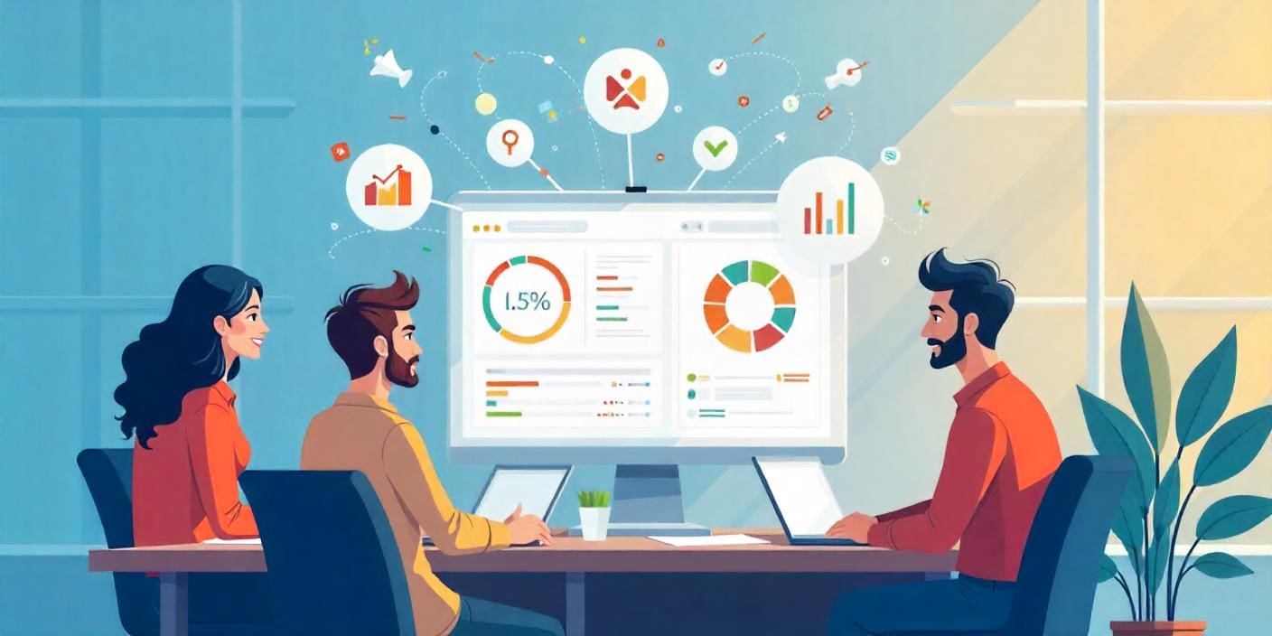 Illustration of a marketing team looking at a dashboard