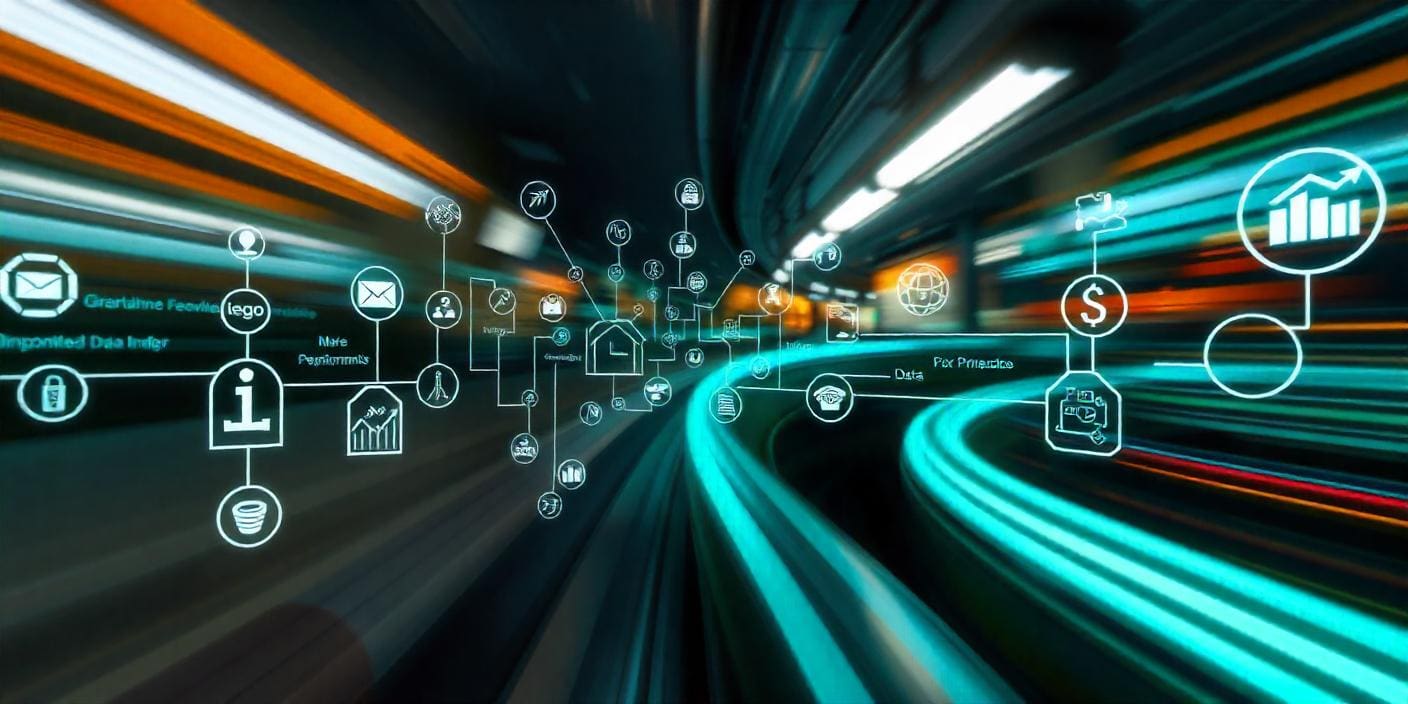 Blurred traffic lights with an illustration of a data pipeline