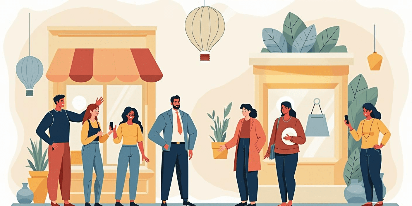 Illustration of a group of customers outside a storefront 