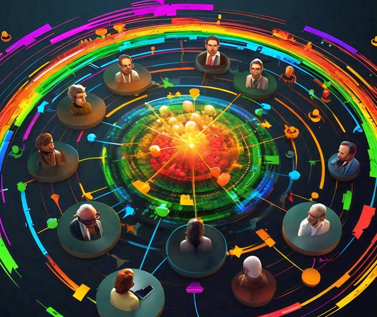 Data flowing around a diverse group of professionals