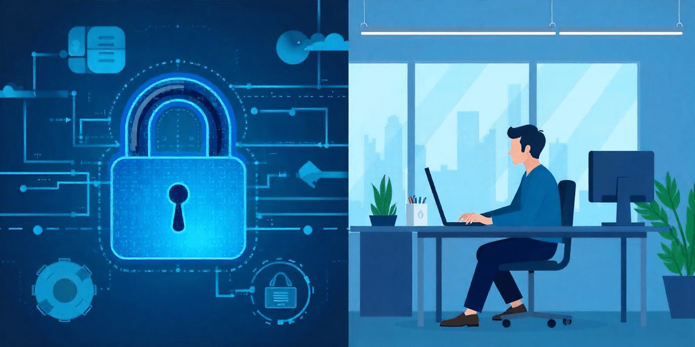 Split screen of an illustration of encrypted data and employee training