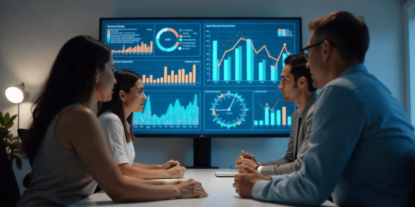 A team of four people making a decision using data