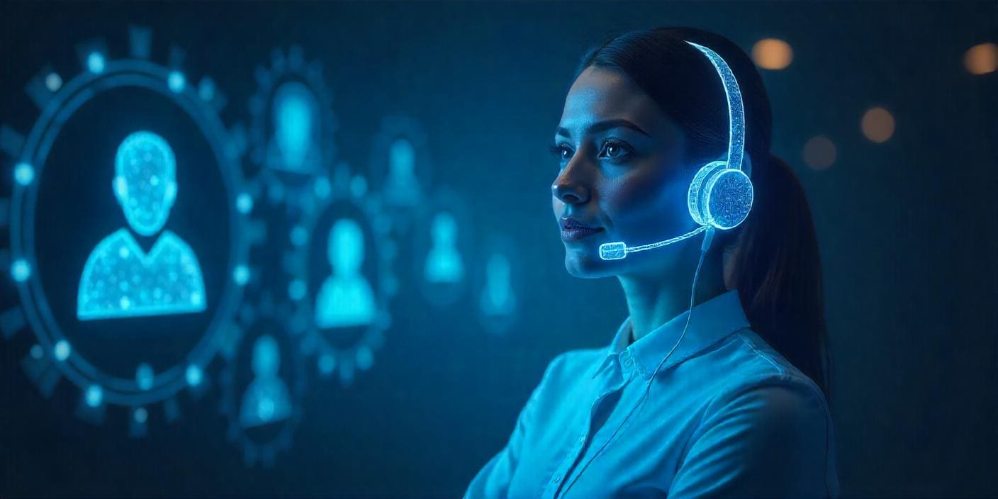 Customer service representative with a headset on and glowing icons surrounding her