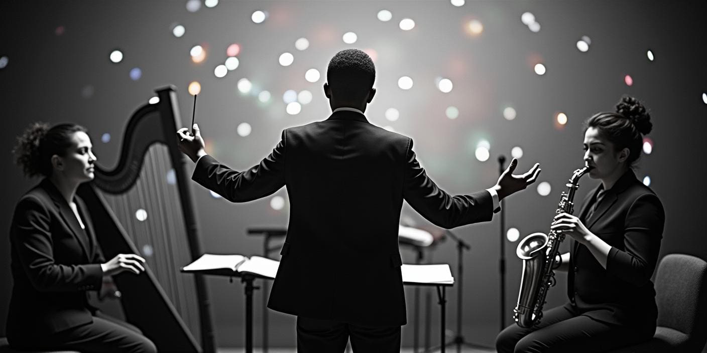 A conductor leading an orchestra