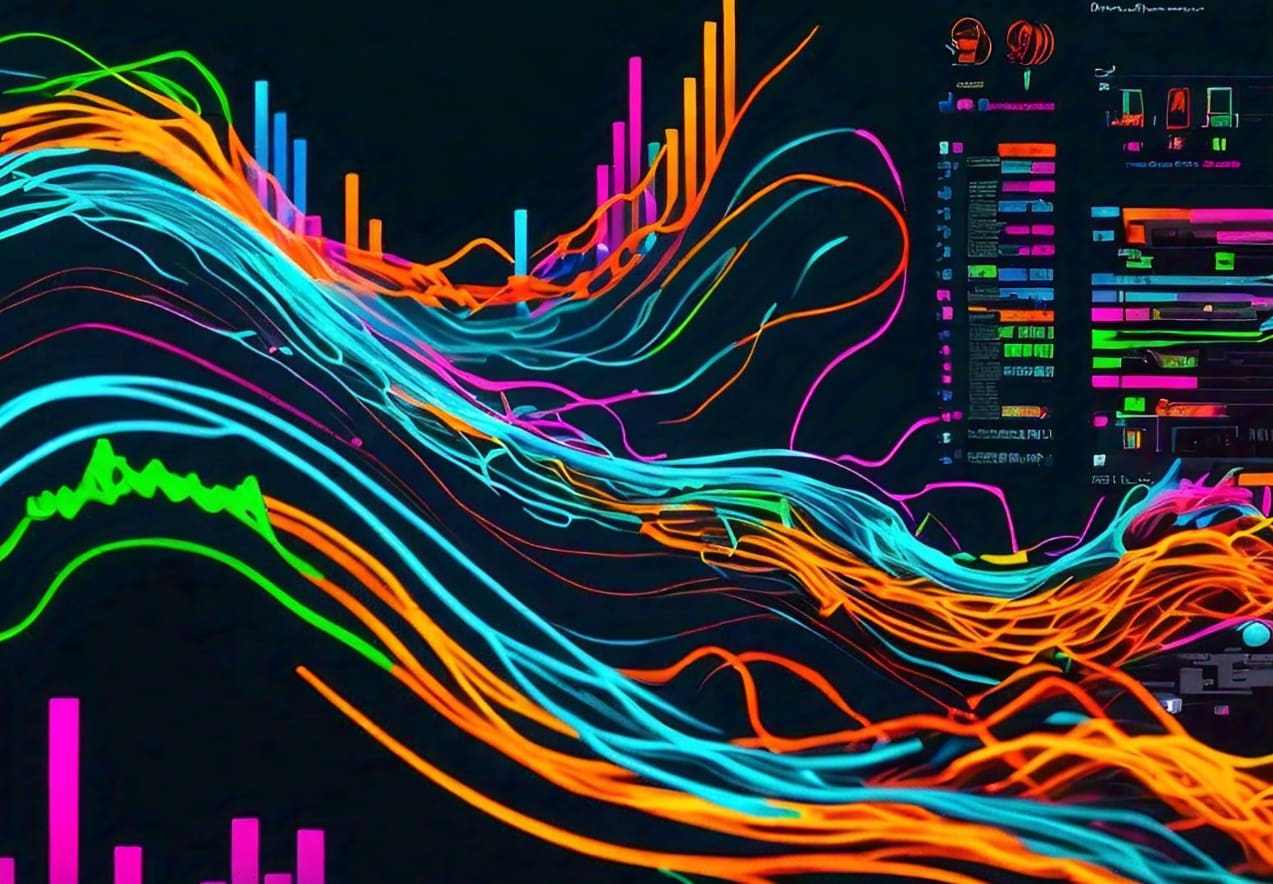 A business intelligence dashboard with bright colors flowing from it