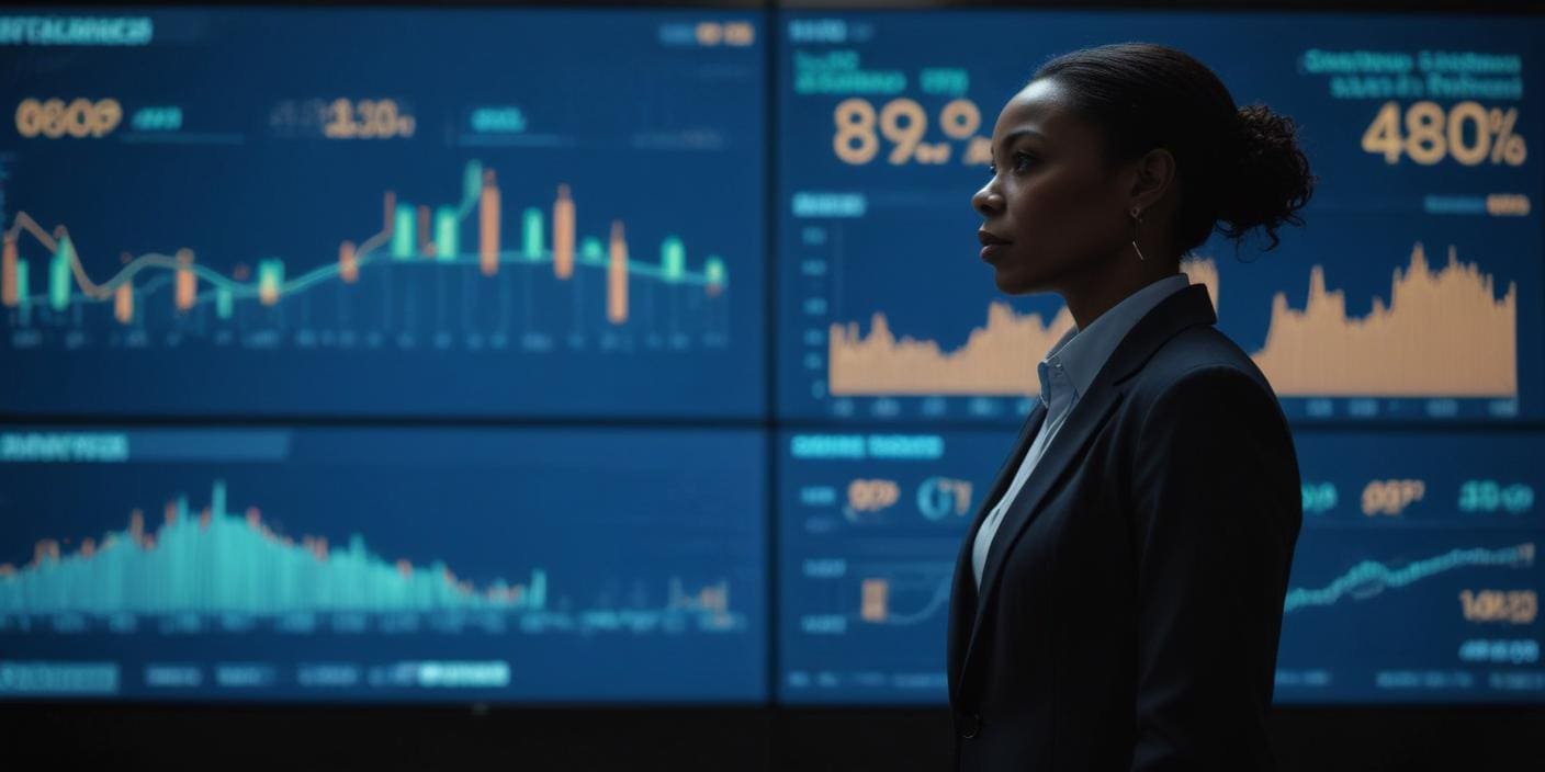 Professional analyzing data with a dashboard in the background