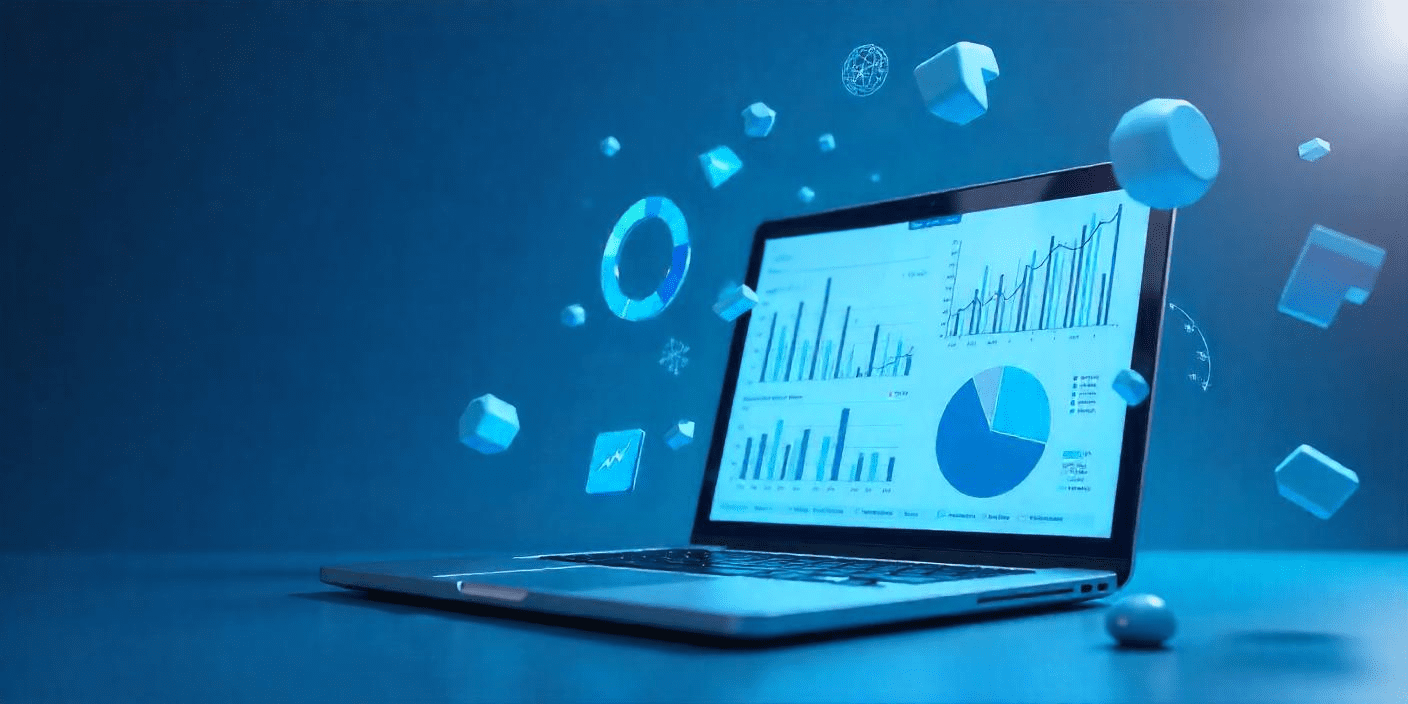 Sleek laptop with CRM interface displaying graphs and icons