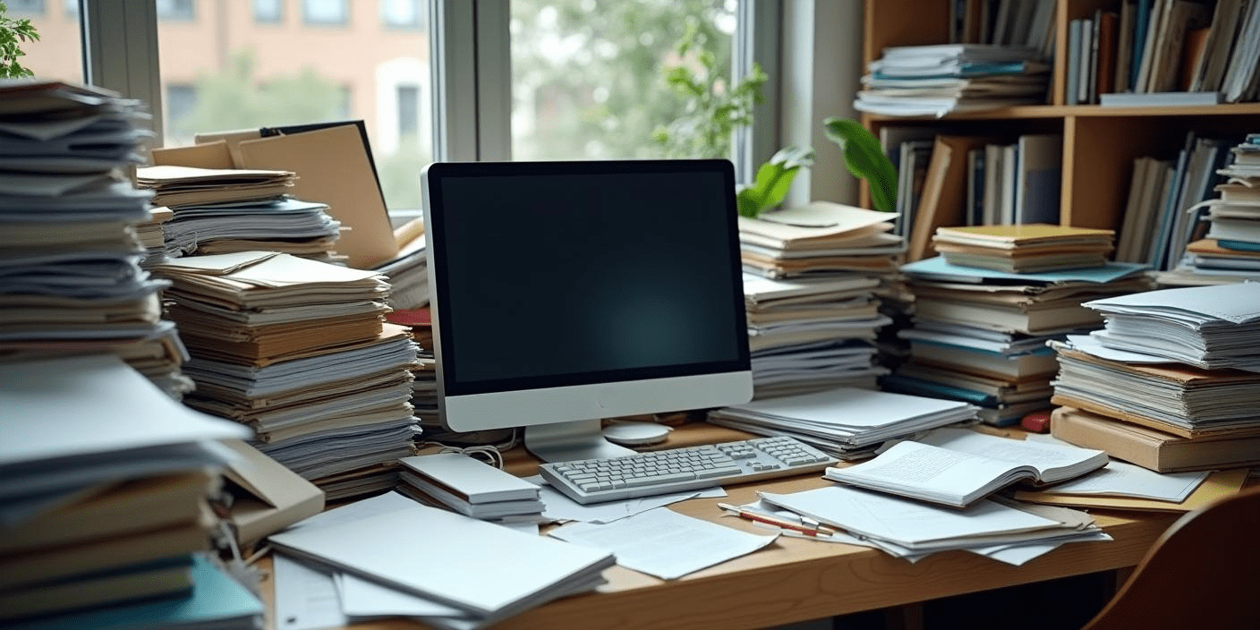 A crowded desk representing operational bottleneck