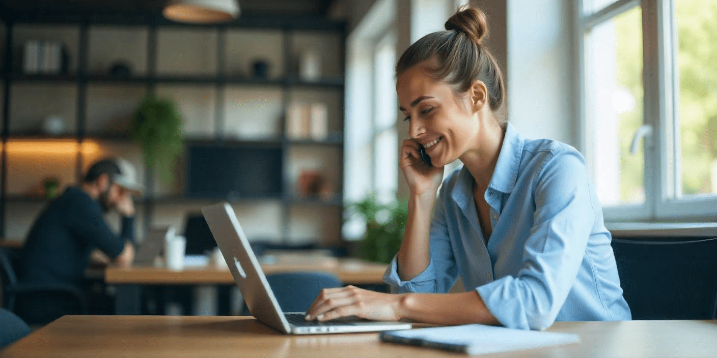 Sales person on talking on her phone while looking at computer