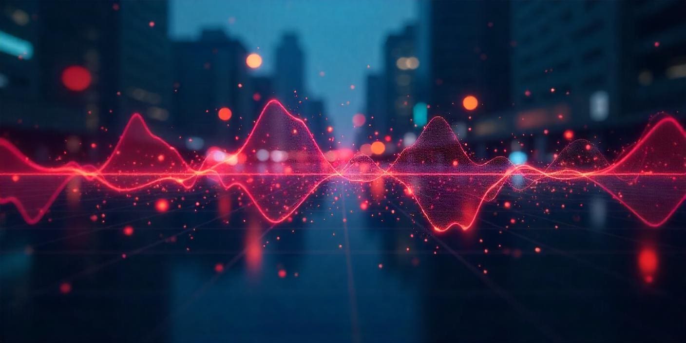 Sound waves with a city in the background