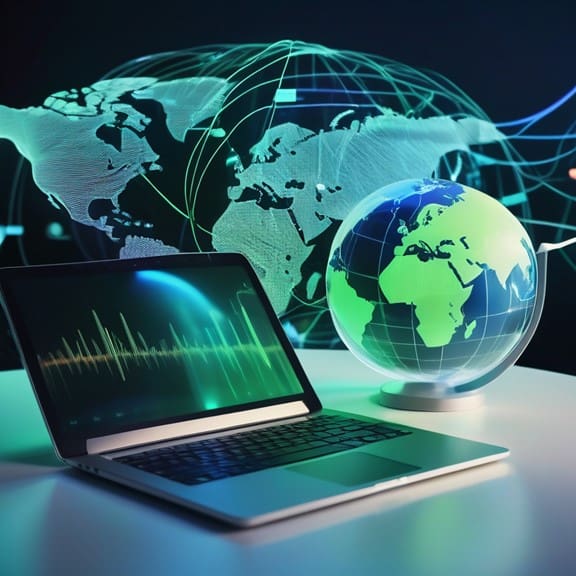 Devices connected by colorful data streams against a glowing globe, depicting global data integration. 