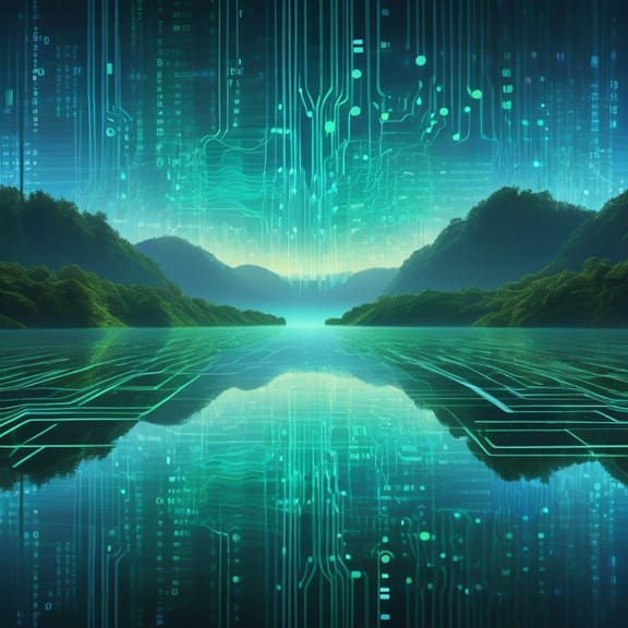 Serene landscape of a data lake surrounded by circuitry and illuminated by a binary code sky.