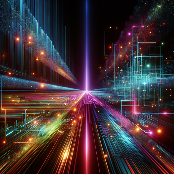 Neon data streams converging into a colorful Tableau dashboard, symbolizing ETL processes.