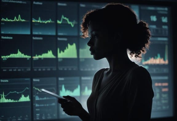 A silhouette contemplates a detailed marketing analytics dashboard glowing in the dark.