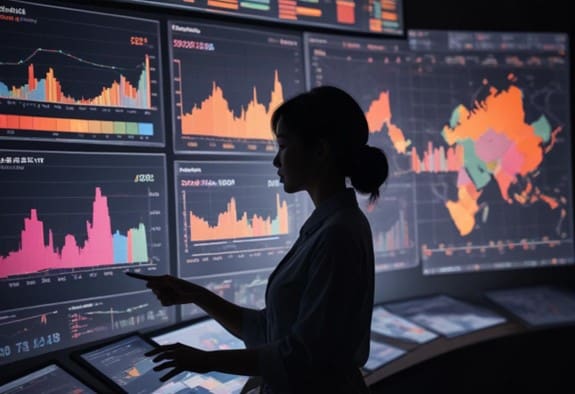 A professional woman analyzing a Tableau dashboard on a computer in a high-tech digital office environment.