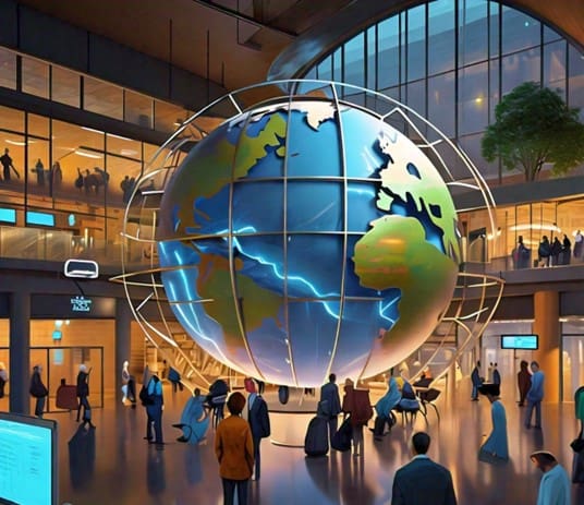 A globe statue with digital lines in the middle of a busy transit hub.