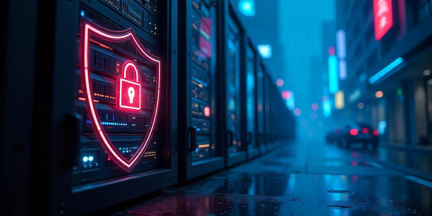 Illustration of a secure database with a city background