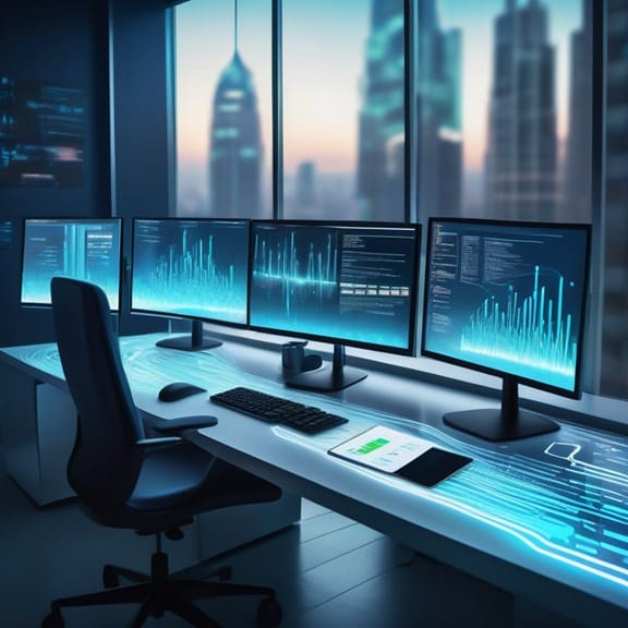 Futuristic workspace with glowing data streams connecting devices against an urban backdrop.