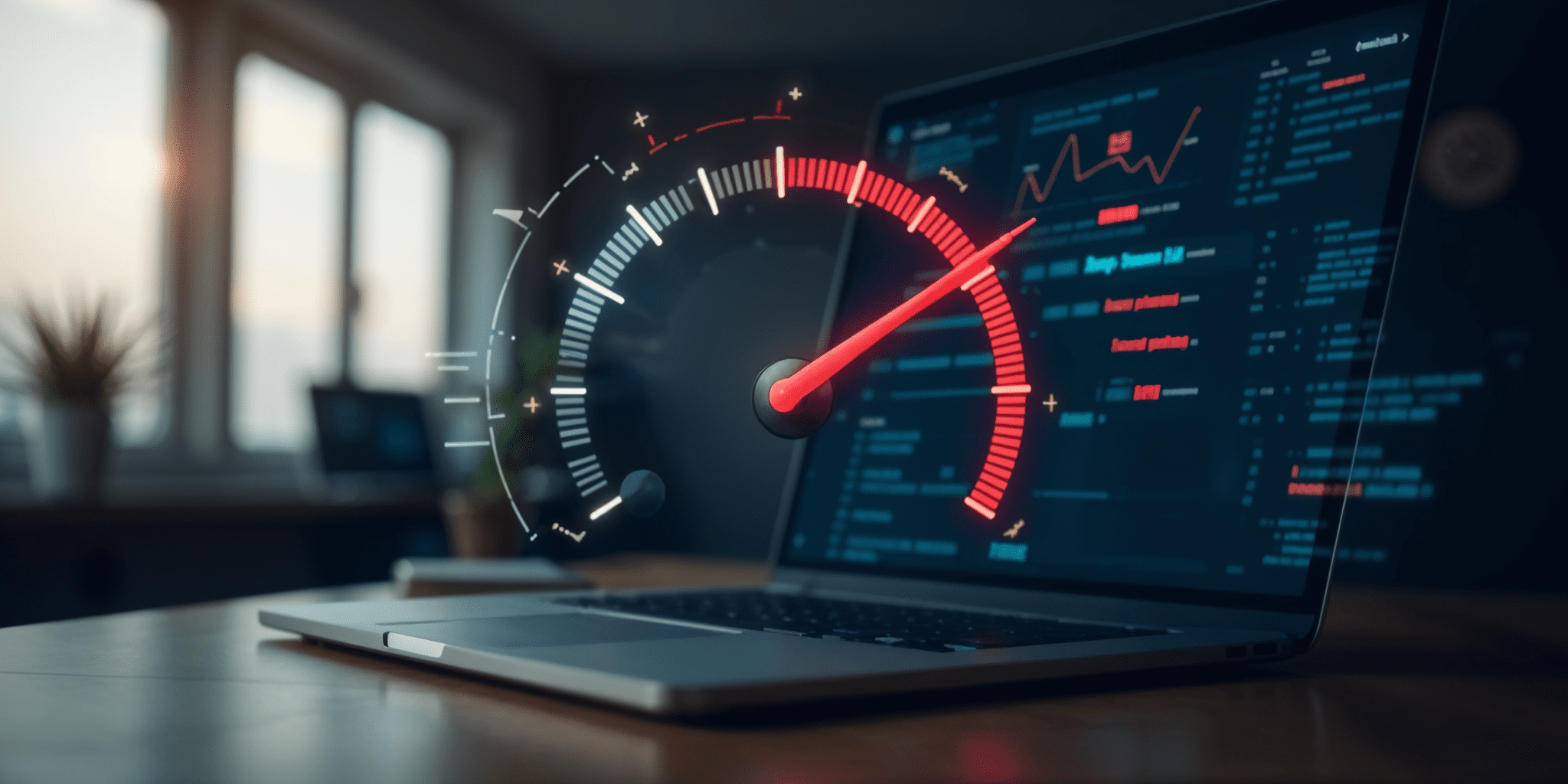 A speedometer with a laptop in the background