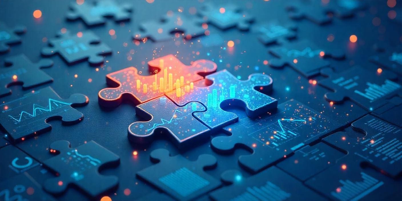 Illustration of puzzle pieces coming together with data swirling around