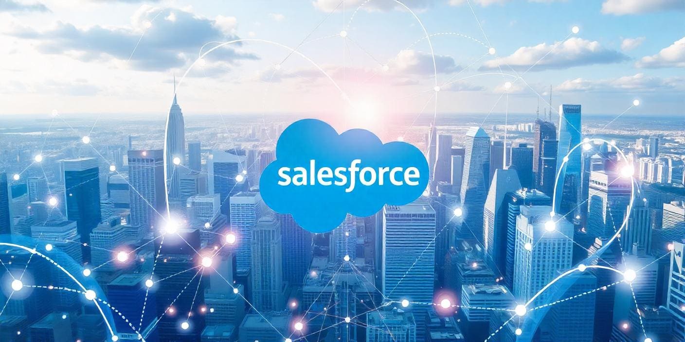 The Salesforce logo with data flowing around it